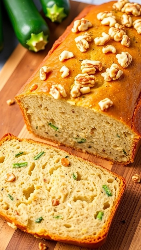 Sliced zucchini bread on a wooden cutting board with whole zucchinis in the background.